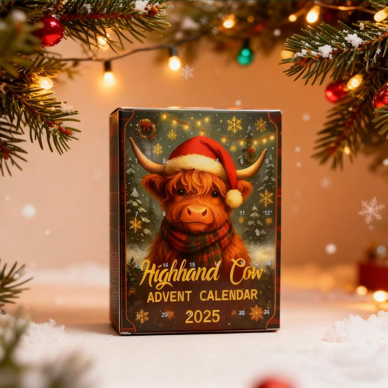 2D Graphic Design, 2025 24 Days of Christmas Countdown Calendar with 24 Collectible Mini Cows - Scottish Theme Christmas and Halloween Countdown Calendar, 1-24 Numbered Doors, Daily Cow-Shaped Display, Christmas Decoration