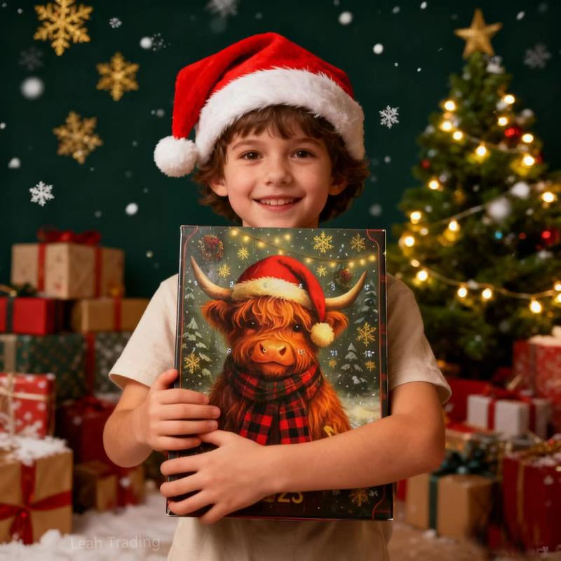 2D Graphic Design, 2025 24 Days of Christmas Countdown Calendar with 24 Collectible Mini Cows - Scottish Theme Christmas and Halloween Countdown Calendar, 1-24 Numbered Doors, Daily Cow-Shaped Display, Christmas Decoration
