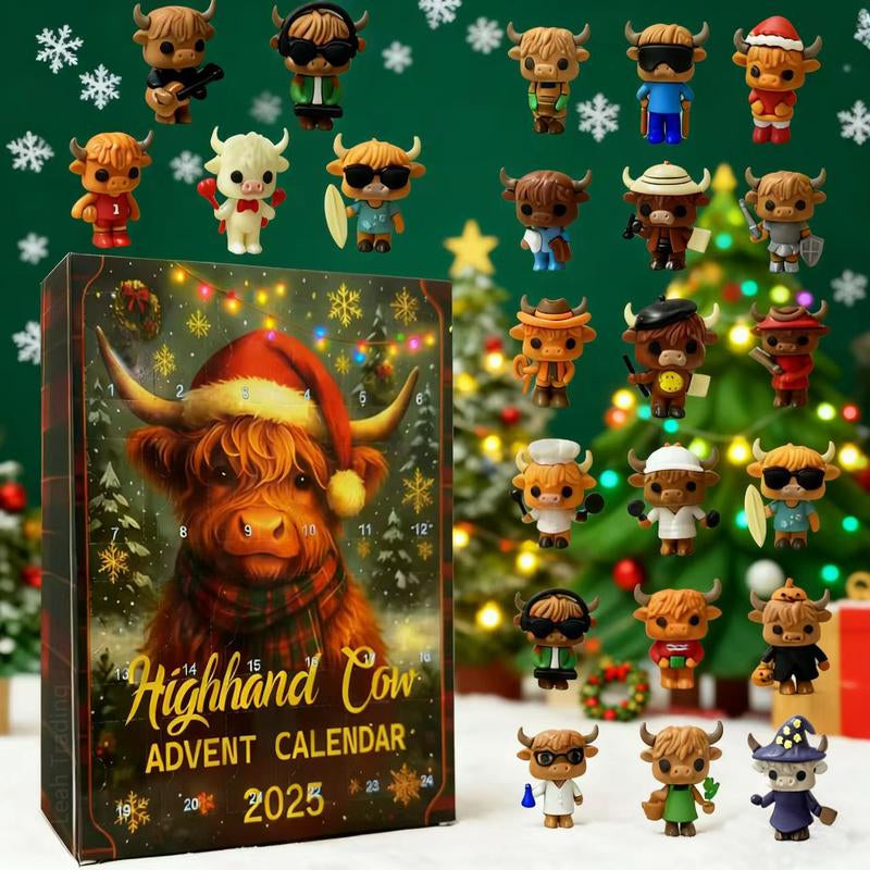 2D Graphic Design, 2025 24 Days of Christmas Countdown Calendar with 24 Collectible Mini Cows - Scottish Theme Christmas and Halloween Countdown Calendar, 1-24 Numbered Doors, Daily Cow-Shaped Display, Christmas Decoration