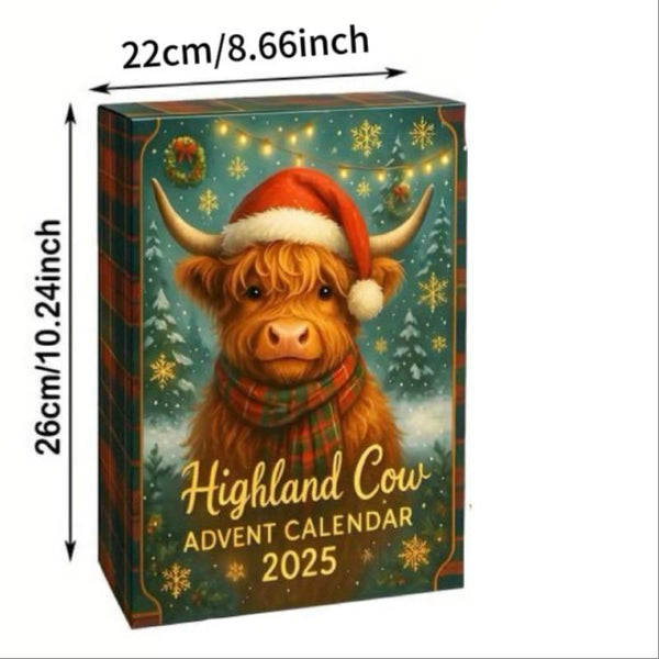 2D Graphic Design, 2025 24 Days of Christmas Countdown Calendar with 24 Collectible Mini Cows - Scottish Theme Christmas and Halloween Countdown Calendar, 1-24 Numbered Doors, Daily Cow-Shaped Display, Christmas Decoration
